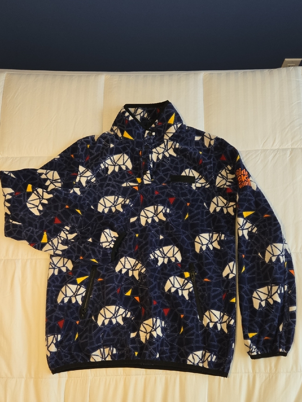 Kavu Navy Fleece Pullover with White Geometric Print and Red & Yellow Accents